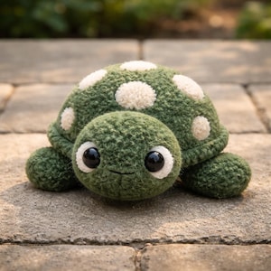 Op de afbeelding: Een handgemaakte groene pluche schildpad met een getextureerd schild en witte vlekken. De schildpad heeft grote, expressieve ogen en kleine, gedrongen ledematen. Het is een zacht speelgoed.