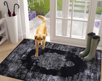 Black Vintage Area Rug – Washable Flatweave Carpet – Traditional Medallion Rug – Low Pile Non Slip Rug for Living Room & Dining Room