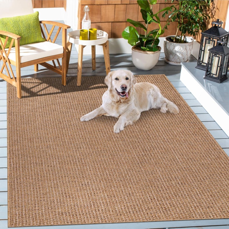 A lifestyle image showing a dog relaxing on a beige indoor outdoor rug. The durable, pet-friendly surface is resistant to stains and easy to clean — ideal for households with furry friends.