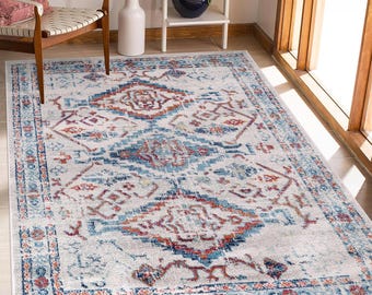 White Blue Vintage Rug – Distressed Boho Hallway Carpet – Washable 100% Polypropylene Rug – Soft Low Pile Wilton Weave – Pet-Friendly Rug