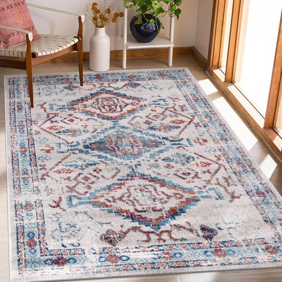 White Blue Vintage Rug – Distressed Boho Hallway Carpet – Washable 100% Polypropylene Rug – Soft Low Pile Wilton Weave – Pet-Friendly Rug
