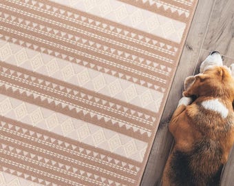 Waschbarer Baumwollteppich - Rutschfester, flach gewebter Wohnzimmerteppich - Vintage Beige Küchenteppich - Kurzfloriger kinder- und tierfreundlicher Teppich
