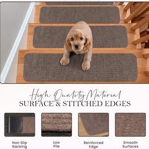 May include: Brown stair treads with stitched edges and non-slip backing. The treads are shown on wooden stairs with a small dog. The text reads "High Quality Material SURFACE & STITCHED EDGES".