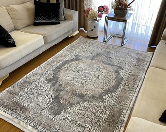 Grey Brown Oriental Rug - Vintage Area Carpet for Living Room and Bedroom - Soft Medium Pile - Washable and Stain Resistant