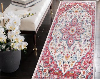 Pink Multicolor Oriental Rug – Vintage Medallion Area Carpet for Living Room, Bedroom, Soft 0.8cm Pile, Pet Friendly, Stain Resistant