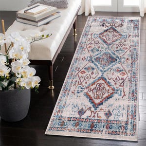 Hallway rug with blue and red tones on dark wood flooring