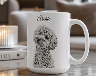 Caneca personalizada com retrato a lápis do seu pet, caneca de cerâmica preta e branca com nome, desenho de animal, presente para amantes de animais.