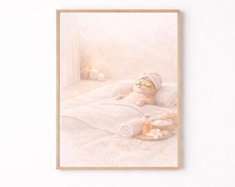Arte de parede imprimível para spa com tema de massagem de gato, decoração divertida para banheiro com olho de pepino, pôster digital para download em tons neutros suaves, ilustração de bem-estar e autocuidado.
