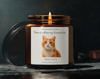 Vela personalizada com retrato de gato, presente ideal para inauguração de casa com seu pet em pote de soja, frase "Lar é onde os humanos estão", lembrança para seu bichinho de estimação, presente de mudança