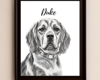 Retrato personalizado do seu pet a partir de foto, pôster personalizado de cachorro ou gato em preto e branco com nome, presente para donos de pets.