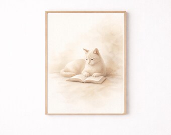 Quadro decorativo imprimível com gato lendo livro, estampa de gatinho bege, decoração aconchegante para quarto de amante de livros, pôster em aquarela neutra, presente para leitor.