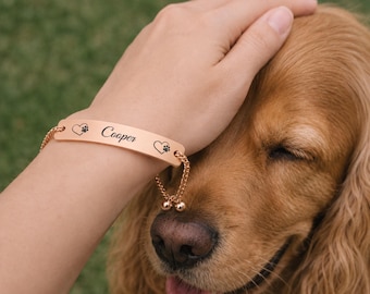 Pulseira personalizada com nome do animal de estimação gravado, joia personalizada com pata de cachorro/gato em formato de coração, pulseira ajustável em ouro rosa e prata, presente em memória do seu amado pet.