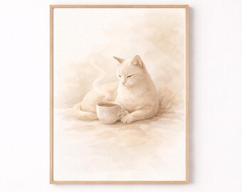 Quadro de parede imprimível com gato tomando café, pôster aconchegante de gatinho pela manhã, decoração de cozinha bege, arte animal divertida, presente para dono de gato e amante de café expresso