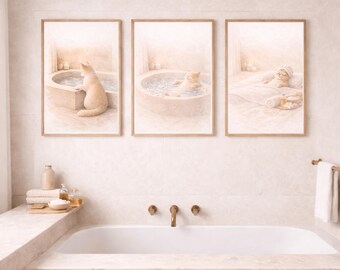 Conjunto de 3 pôsteres para imprimir com tema de gato em spa, decoração neutra para banheiro, download digital, tríptico bege da Galeria do Bem-Estar, estampa de animal tranquilo, autocuidado.