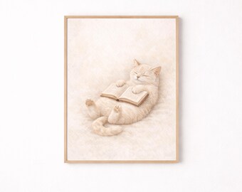 Quadro decorativo para parede com gato dormindo, pôster aconchegante de gatinho lendo livro, decoração bege para quarto, estampa animal divertida, presente para amante de livros e biblioteca.