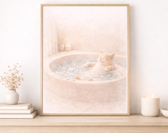 Arte de parede para banheira de spa para gatos, download digital para decoração de banheiro, pôster bege neutro, impressão para autocuidado luxuoso e tranquilo, presente de bem-estar