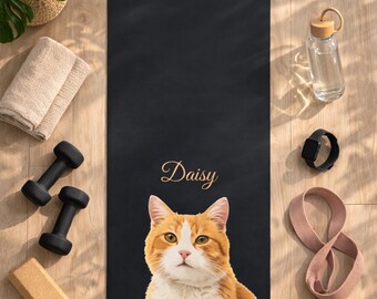 Tapete de ioga personalizado com retrato do seu pet, tapete de exercícios personalizado para cães e gatos, nome do animal em preto e rosa, ideal para treino, presente de aniversário para praticantes de pilates, acessório perfeito para quem ama academia.
