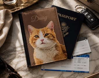 Capa de passaporte personalizada com retrato do seu pet, porta-passaporte personalizado em couro vegano para cães e gatos, acessório de viagem com desenho em aquarela, ideal para viajantes e amantes de animais de estimação.