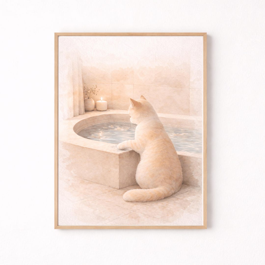 Spa Ritual Cat Art Print, Serene Bathroom Illustration, Mindful Home ...