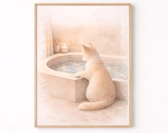 Arte de parede para spa de gatos para imprimir, decoração de banheiro, download digital, pôster boho neutro, estampa felina | Minimalista, presente relaxante para decoração de casa
