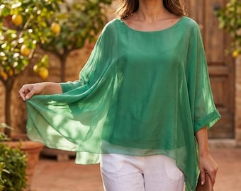 Túnica feminina de seda fabricada na Itália – mangas morcego, mangas 3/4, tamanho único 38–44, diversas cores