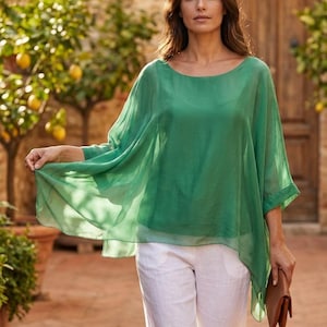 Túnica de seda para mujer, fabricada en Italia, mangas murciélago, mangas 3/4, talla única 38-44, varios colores.