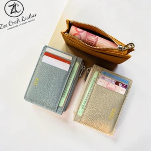 Spersonalizowany, smukły, skórzany portfel na karty zapinany na zamek, portfel na karty kredytowe zapinany na zamek z kieszonką na monety, spersonalizowany portfel na karty z monogramem, prezent wielkanocny