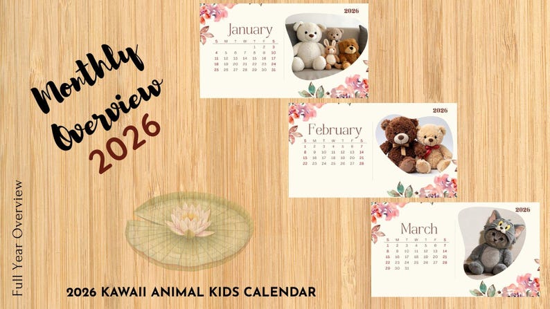 Kids Calendar 2026 Printable – Cute Animals Nursery Wall Calendar ...