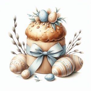 Op de afbeelding: Illustratie van een paasbrood met een lichtblauw lint en versierde eieren. De cake is omgeven door versierde eieren en katjeswilgtakken. Het kleurenpalet omvat tinten bruin, blauw en beige.