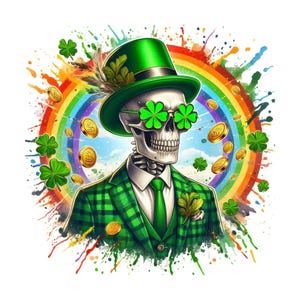 Op de afbeelding: Digitale illustratie van een skelet met een groen geruit pak, groene hoge hoed en klavervormige zonnebril. Een regenboog en gouden munten op de achtergrond, met groene klavers. De afbeelding heeft een St. Patrick's Day-thema.