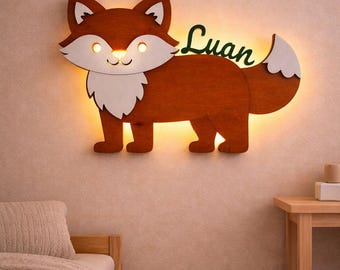 Gepersonaliseerd nachtlampje in de vorm van een vos met naam – LED houten kinderkamerlamp – cadeau voor geboorte of doop – baby nachtlampje