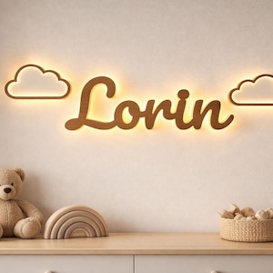 Könnte beinhalten: Ein Holzschild mit dem Namen "Lorin" in Schreibschrift, von hinten beleuchtet, hängt an einer Wand. Zwei wolkenförmige Lichter flankieren den Namen. Ein Teddybär, ein Holzregenbogen und ein Weidenkorb stehen auf einer hellen Kommode.