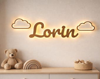 Gepersonaliseerd houten nachtlampje met naam – LED-nachtlampje in wolkvorm voor de kinderkamer – Cadeau voor geboorte of doop