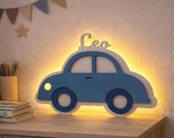 Gepersonaliseerd autonachtlampje met naam – LED houten lamp voor kinderkamer – cadeau voor baby