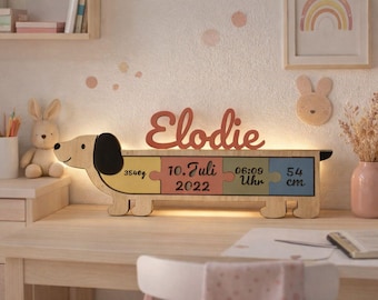 Gepersonaliseerd nachtlampje met teckel en naam – LED houten lamp voor kinderkamer – Cadeau voor pasgeborenen