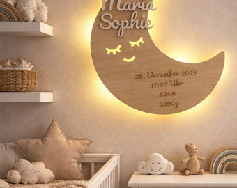 Gepersonaliseerd maanvormig nachtlampje met naam – LED houten lamp voor kinderkamer – Cadeau voor baby