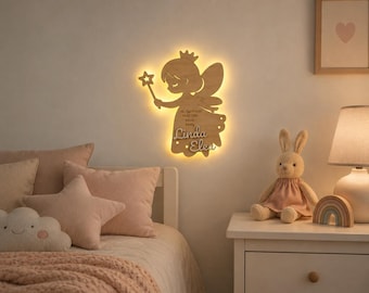 Gepersonaliseerd sprookjesachtig nachtlampje met naam – LED houten lamp voor kinderkamer – Cadeau voor baby