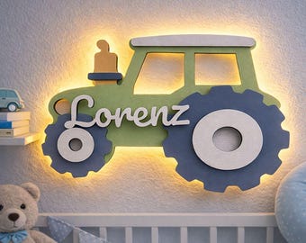 Gepersonaliseerd tractor nachtlampje met naam – LED houten kinderkamerlamp – cadeau voor geboorte of doop – baby nachtlampje