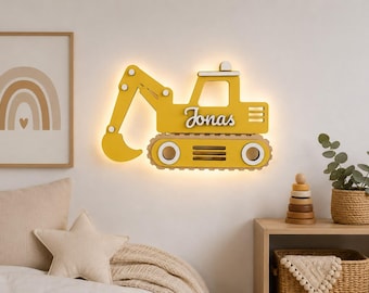 Gepersonaliseerd nachtlampje in de vorm van een graafmachine met naam – LED houten kinderkamerlamp – geboorte- of doopcadeau – baby nachtlampje