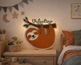 Gepersonaliseerd nachtlampje in de vorm van een luiaard met naam – LED houten lamp voor de kinderkamer – Cadeau voor een baby