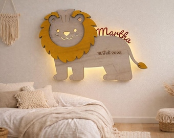 Gepersonaliseerd leeuwennachtlampje met naam – LED-kinderkamerlamp van hout – Cadeau voor geboorte of doop – Babynachtlampje