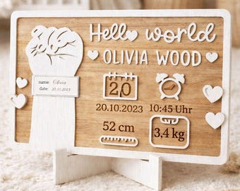 Gepersonaliseerde houten geboorteaankondigingsplaat met ziekenhuisarmbandje – een aandenken aan de baby met geboortegegevens – een cadeau voor pasgeborenen
