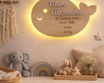 Gepersonaliseerd walvisnachtlampje met naam – LED-kinderkamerlamp van hout – Cadeau voor baby