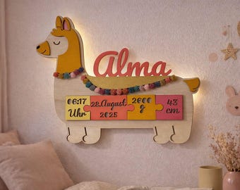 Gepersonaliseerd alpaca nachtlampje met naam – LED houten lamp voor kinderkamer – Cadeau voor baby