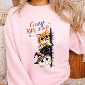 May include: Pink sweatshirt with the text "Crazy Kitty Stack" and a graphic of three cartoon cats. The top cat wears glasses and a bow tie, the middle cat has a bandana, and the bottom cat wears a witch hat.