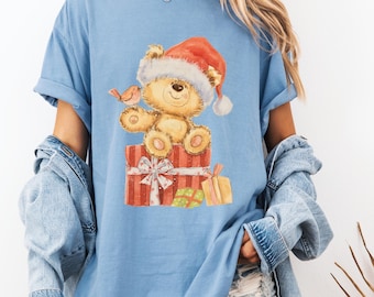 Cute Christmas Bear Shirt Comfort Colors 1717 – Teddy Bear Holiday Tee, Cozy Xmas Shirt, Santa Hat Bear, Christmas Gift for Her, Xmas Gift