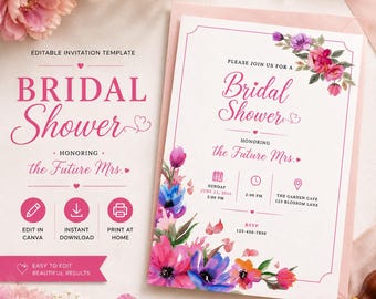 ピンクの花柄ブライダルシャワー招待状テンプレート、編集可能なCanva用招待状（デジタルダウンロード）