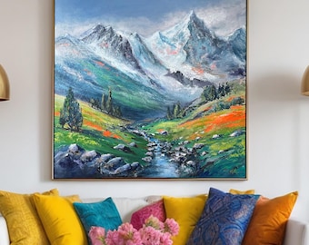 Dipinto di paesaggio montano su grande tela, scena alpina acrilica, decorazione murale, arte ispirata alla natura, paesaggio di valle, panorama di cime innevate, pezzo forte.