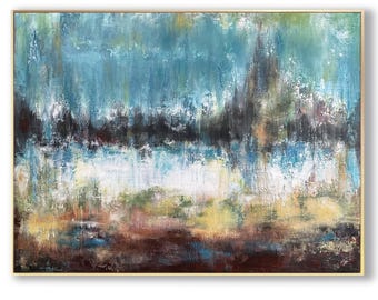 Abstract Landscape Blue Abstract Art Calm River Atmospheric Wall Art For Living Room Neutral Minimalist Interior Design