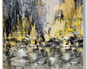 Quadro astratto di paesaggio urbano in oro e nero, acrilico testurizzato, decorazione murale moderna e urbana su tela di lusso